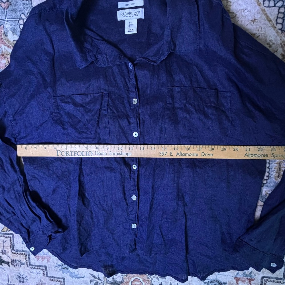 Rachel Zoe Navy Blue 100% Linen Button Down Shirt Womens Large Oversized Summer - Picture 8 of 10